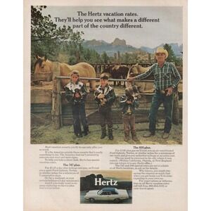 Hertz Vacation Rates Western Ranch Family Travel Scene Original Print Ad 1971